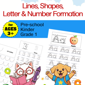 Printable Preschool, Kindergarten, Grade 1: Line, Shapes, Letter & Number formation - A to Z and 1 to 10