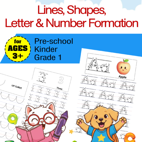 Printable Preschool, Kindergarten, Grade 1: Line, Shapes, Letter & Number formation - A to Z and 1 to 10